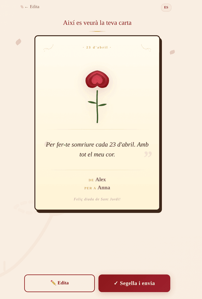 Vista prèvia de la carta amb la rosa, la dedicatòria, el remitent i el destinatari abans de segellar-la