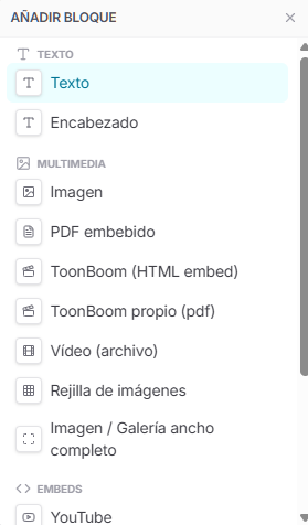 Menú para añadir un bloque nuevo en el editor de Lara’s Oak