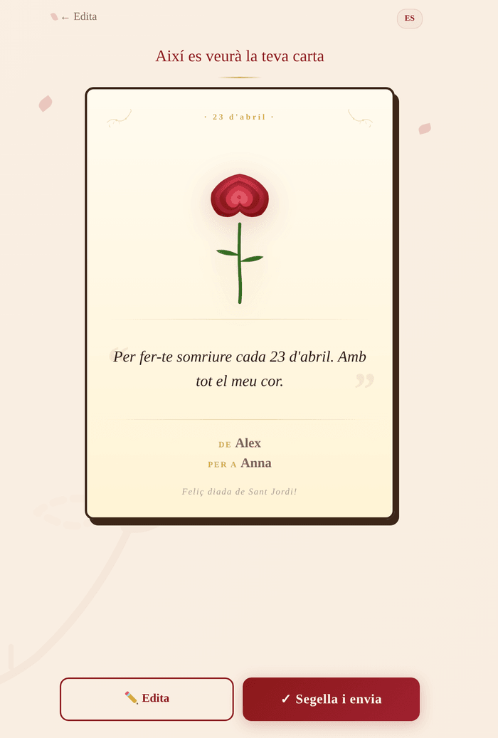 Vista previa de la carta con la rosa, la dedicatoria, el remitente y el destinatario antes de sellarla