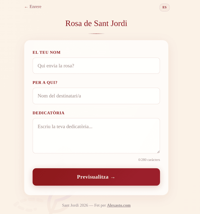 Formulario para crear la rosa: remitente, destinatario y dedicatoria